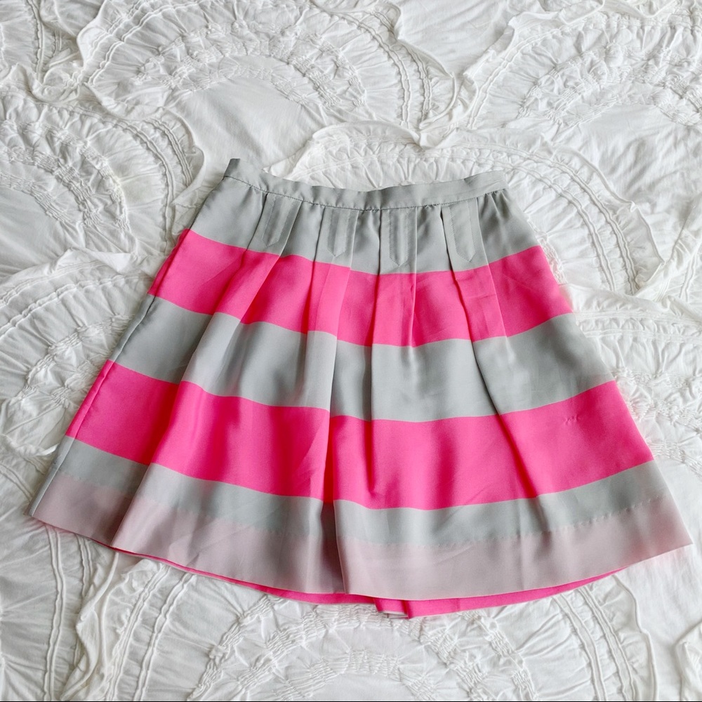 J Crew Pleated Stripe Mini Skirt Neon Pink Grey 00